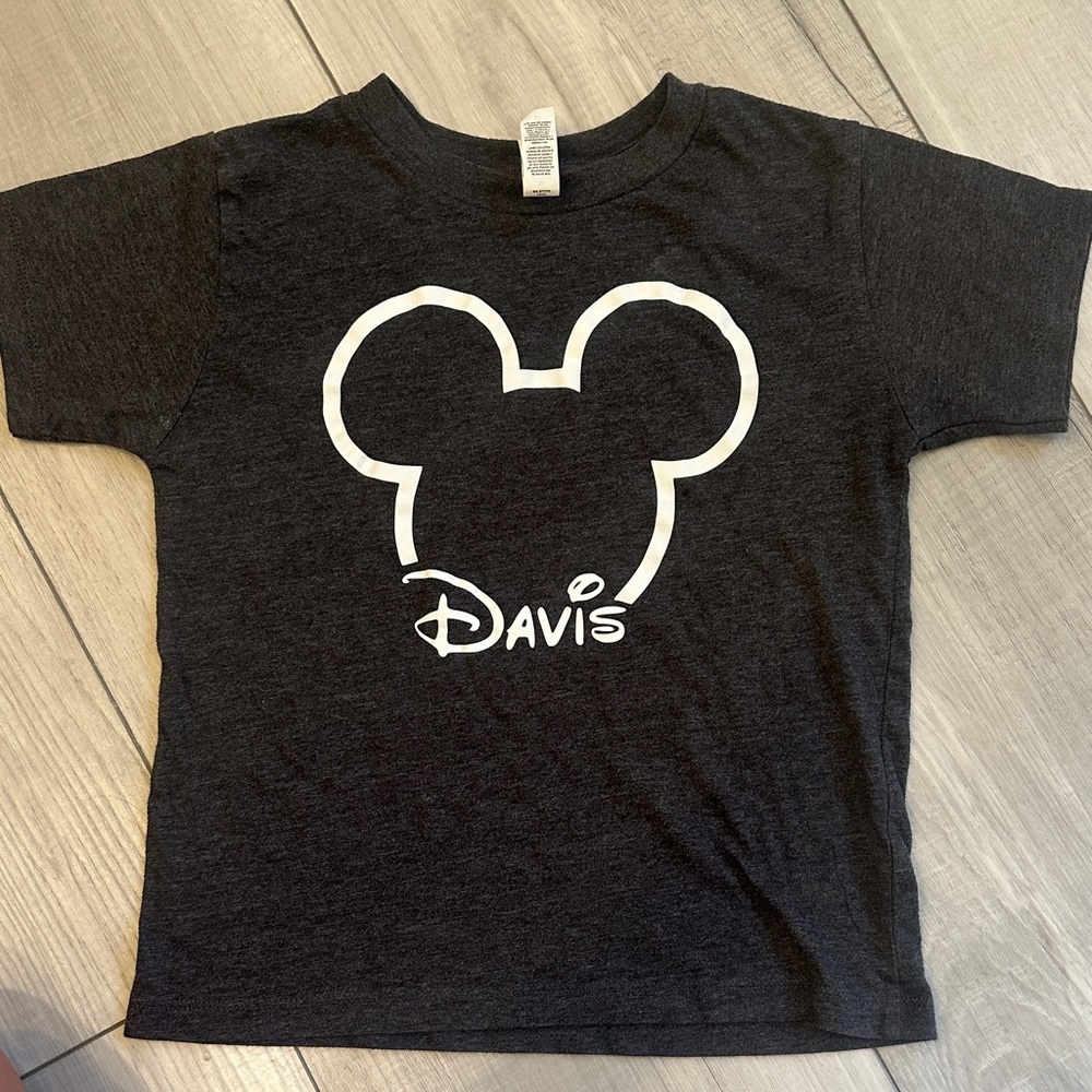 Kids Dark Grey T-Shirt with White Graphic;Disney. Mouse Ears. “DAVIS” monogram